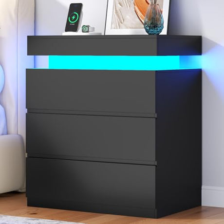 Nightstand with Charging Station and LED Lights, Night Stand with 3 Large Drawers, Bedside Table with Storage, Modern End Side Table, Black Night Stands for Bedroom, Living Room, 23.62" W×26.97" H Gyfimoie