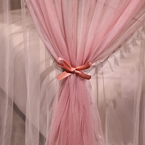 VETHIN 4 Corners Post Ruffle Princess Bed Canopy Curtain-Double Layer Cozy Drape Netting 4 Opening Mosquito Net for Girls Adults Bedroom Decoration (Pink/Whtie, 47" W*78" L*82" H/Twin)