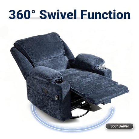 Culect 360° Swivel Rocker Recliner Multi-Functional Nursing Chair with Heating Massage, Manual Recliner Chair with Cup Holders, Lazyboy Recliner Chair for Living Room, Bedroom, Navy Blue Culect