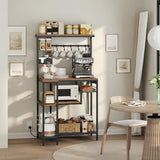 YATINEY Coffee Bar, Bakers Rack with Power Outlet, Large Microwave Stand with Wire Basket and 6 Hooks, Kitchen Storage Rack, Versatile Coffee Station for Living Room, Home Cafe, Rustic Brown HB10UBR