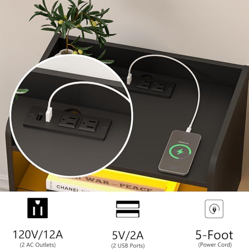 Veegle White Floating Nightstand with Charging Station and LED Lights (Black) Veegle