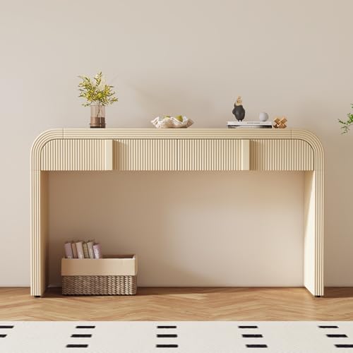 Modern Console Table with Drawers, Smooth Surface, Curved Design Entryway Table for Entrance, Hallway, Living Room (Apricot Cream) DREAMODERN
