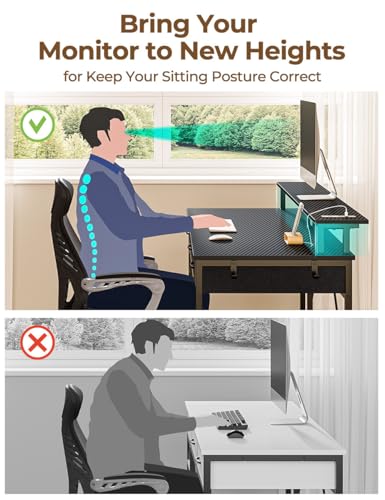Rolanstar Computer Desk with Power Outlets & LED Light, 39 inch Home Office Desk with 3 Drawers and Storage Shelves, Writing Desk with Monitor Stand, Modern Work Desk for Home Office, Carbon Black Rolanstar