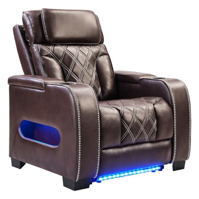 CANMOV Electric Power Recliner Chair, PU Leather Home Theater Seating with Power Headrest, Electric Recliner Sofa Chair with Ambient Lighting,Cup Holders,USB & Type C Ports, Armrest Storage,Brown
