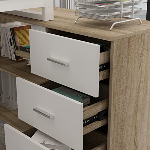 Homsee Home Office Computer Desk Corner Desk with 3 Drawers and 2 Shelves, 55 Inch Large L-Shaped Study Writing Table with Storage Cabinet - Walnut and White Homsee
