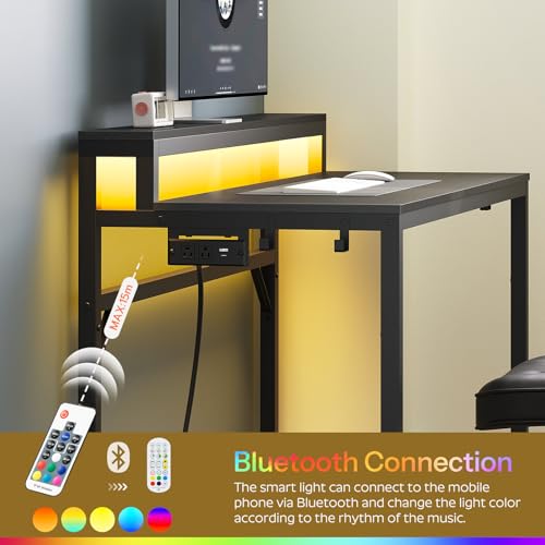 YATINEY 47.2" Computer Desk with Charging Station and LED Lights, Gaming Desk with Monitor Stand, 2-Tier Home Office Desk with 4 Side Hooks, for Living Room, Home Office, Black DN12UDBB YATINEY