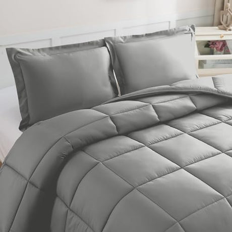 Elegant Comfort 3-Piece Box Stitched Down Alternative Comforter with Shams - Ultra Soft for All Season Duvet Insert with Corner Tabs, Plush Cozy 3PC Comforter Set, Oversize Queen, Silver Gray Elegant Comfort