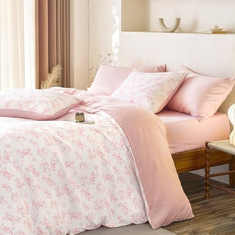 Wake In Cloud - Cottagecore Comforter Set, Floral Vintage Flower Shabby Chic Coquette Aesthetic for Women Teen Girls, Soft Lightweight Dorm Bedding, 3 Pieces, Pink, Full Size Wake In Cloud
