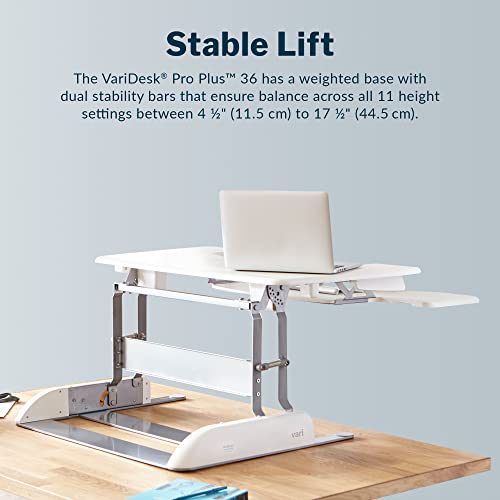 Vari Varidesk Pro Plus 36 Standing Desk Converter – 11 Height Settings + Spring Lift, 2 Tier Design, Keyboard Tray, Fits Desktops 36” Wide x 26.5" Deep – Delivers Fully Assembled (White) Vari