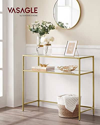 VASAGLE 39.4 Inch Console Sofa Table, Modern Entryway Table, Tempered Glass Table, Metal Frame, 2 Shelves, Adjustable Feet, for Living Room, Hallway, Gold Color ULGT025A01 VASAGLE