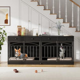 GarveeHome Dog Crate Furniture for 2 Dogs, Dog Kennel Indoor with 4 Storage Drawers and Feeding Bowls, Double Dog Crate TV Stand for Small Medium Dogs, Black GarveeHome
