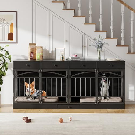 GarveeHome Dog Crate Furniture for 2 Dogs, Dog Kennel Indoor with 4 Storage Drawers and Feeding Bowls, Double Dog Crate TV Stand for Small Medium Dogs, Black GarveeHome