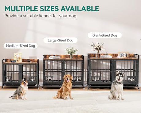 YITAHOME 37.5'' Heavy Duty Dog Crate with Removable Divider, Double Doors & Locks Design, Furniture Style Large Dog Crate with 360° Rotatable Dog Bowls & 360° Wheels & 2 Trays for Small/Medium Dog YITAHOME