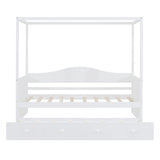 LLS Twin Canopy Bed with Trundle, Solid Wood Day Bed Frame with Headboard, Footboard and Backrest, Four-Poster Sofa Bed with Sturdy Slats Support for Boys Girls Adults, No Box Spring Needed, White LLS