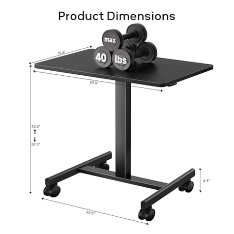 CROWNFURN Mobile Small Standing Rolling Desk Adjustable Height, Portable Laptop Desk on Wheels, Workstation for Home Office with Hook,Black CROWNFURN