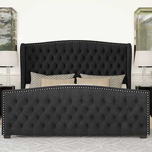 AMERLIFE Queen Size Platform Bed Frame, Velvet Upholstered Bed with Deep Button Tufted & Nailhead Trim Wingback Headboard/No Box Spring Needed/Black AMERLIFE