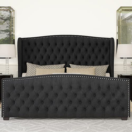 AMERLIFE Queen Size Platform Bed Frame, Velvet Upholstered Bed with Deep Button Tufted & Nailhead Trim Wingback Headboard/No Box Spring Needed/Black AMERLIFE