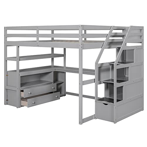 Acosure Grey Full Size Loft Bed with Desk, Shelves, and Storage Staircase - WoodArtSupply