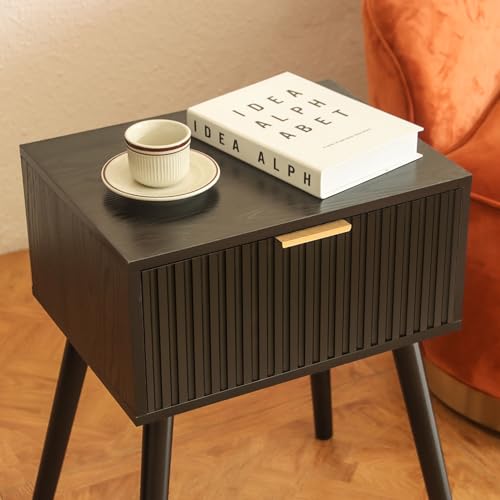 AWASEN Black Nightstand, Small End Tables Living Room, Accent Bedside Table with Fluted Drawer for Bedroom and Small Space, Black AWASEN