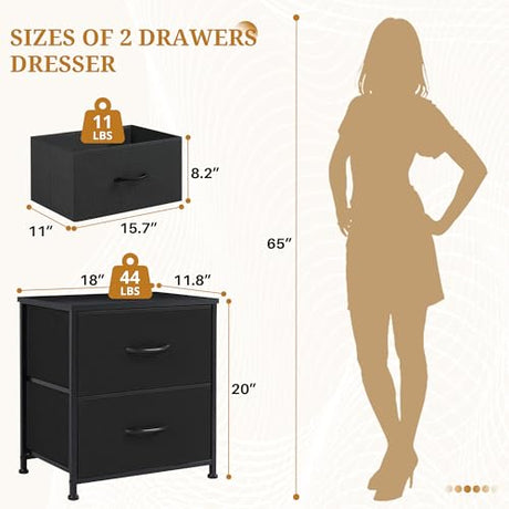 Accver Nightstand, 2 Drawer Dresser Bedside Storage Furniture, Small Dresser with 2 Drawers, End Table with Fabric for Bedroom, Closet, Entryway, College Dorm, Black Accver