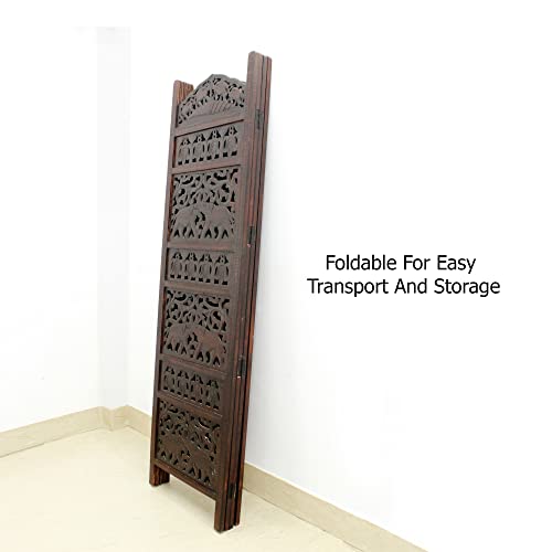 Room Divider Wood Screen - Elephant Hathi Walnut Brown - 4 Panel Fording 72x80 - Intricate Carved Room Décor Boho Portable Partition Privacy Screen Small Spaces Reversible Freestanding - COTTON CRAFT COTTON CRAFT