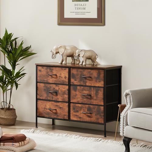 Sweetcrispy Dresser for Bedroom, TV Stand, 6-Drawer Fabric Storage Cabinet with Open Shelves, Console Table, Entertainment Center and Closet Organizers for Living Room Furniture, Brown Sweetcrispy