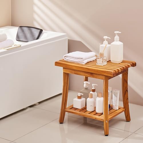 VEVOR Teak Shower Bench, 20in Waterproof Wood Shower Stool with Storage Shelf Non-Slip Foot Pads, 400 lbs Load Capacity Shower Chair Seat, for Bathroom Indoor and Outdoor Use - WoodArtSupply