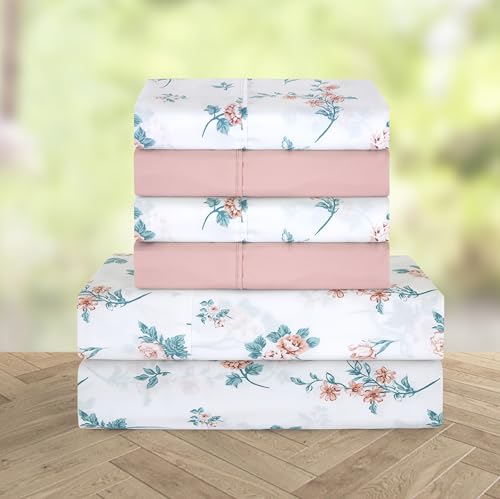 Elegant Comfort Softest and Coziest 4-Piece Sheet Set - 1500 Premium Hotel Quality Microfiber - Deep Pocket, Wrinkle Resistant 4-Piece Floral Bed Sheet Set, Twin XL, Celia Pink Elegant Comfort