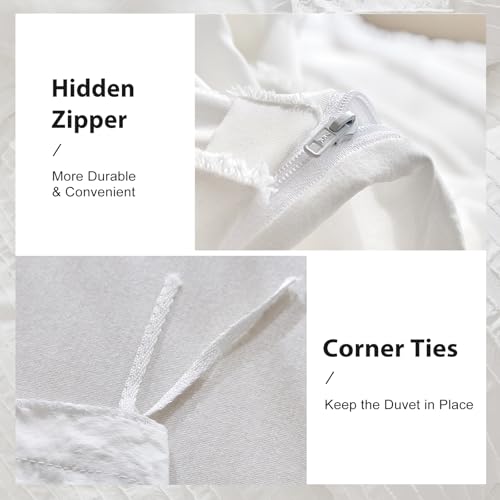WARMDERN White Boho Duvet Cover Set King Size, Striped Textured Duvet Cover Tufted Bedding Set, 3 Pcs Ultra Soft Washed Microfiber Duvet Cover with Zipper Closure (King, White) WARMDERN