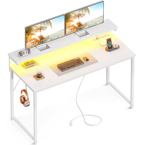 AODK Computer Desk, 48 Inch Gaming Desk with LED Lights and Power Outlet, Office Desk with Adjustable Monitor Shelf (3 Heights), Computer Table Work Desk for Home/Bedroom, White