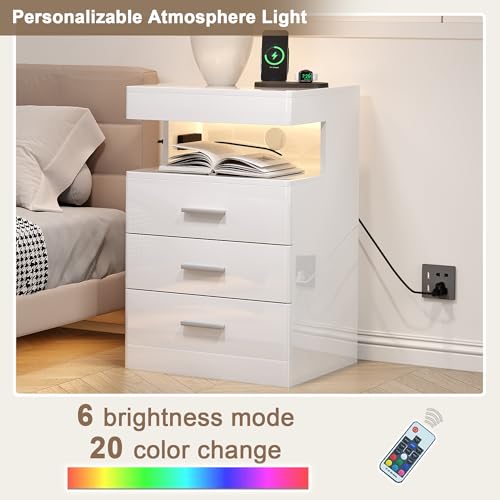 Treocho Led Nightstand with Hidden Space, Modern Night Stand with Charging Station, 3 Drawer Smart Nightstand with Glossy Finish, Tall Bedside Table with RGB Lights for Bedroom, White Treocho