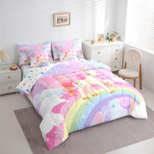 Feelyou Unicorn Girls Bed in a Bag King Rainbow Kids Pink Unicorn Comforter Set with Sheets Kawaii Cute Stars 7 Piece Bedding Set Teens Children Adults Cartoon Unicorn Room Decor All Season Feelyou
