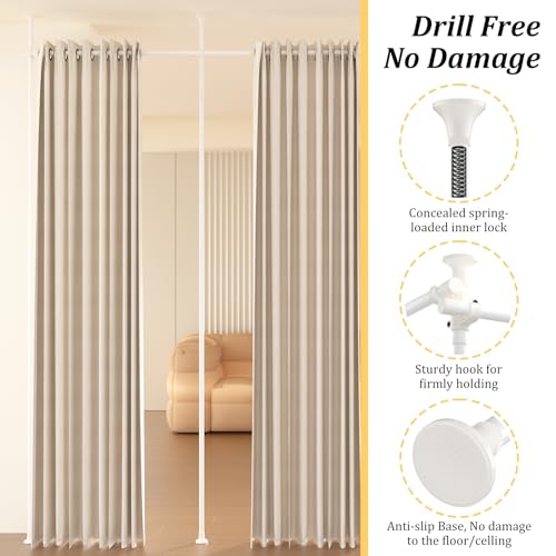 Room Divider Curtain Rod, 28-171inch(W) 4-10ft(H) Adjustable Curtain Rod divider for Room Separation, Heavy Duty Floor to Ceiling Wall Divider Hanging Room Dividers Partition Space Separator White ADUBENRY