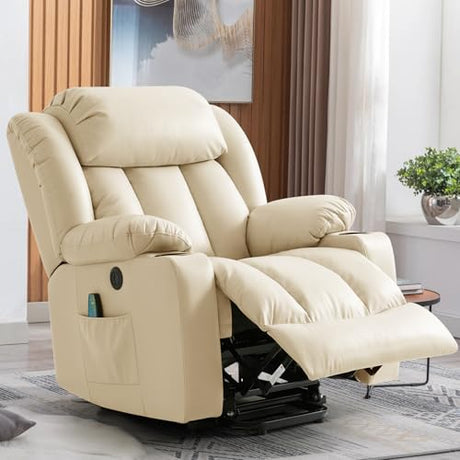 RESTREAL Power Lift Recliner Chair for Elderly, Electric Recliner Chairs for Adults with Massage and Heat, Cup Holders, Remote Control, USB Ports, Side Pockets, Leather (Cream) RESTREAL