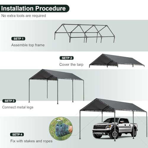 10x20 Heavy Duty Carport, Outdoor Carport Shelter with Reinforced Frame and Stakes, Waterproof Garage Car Port Tent (Gray) gaildon