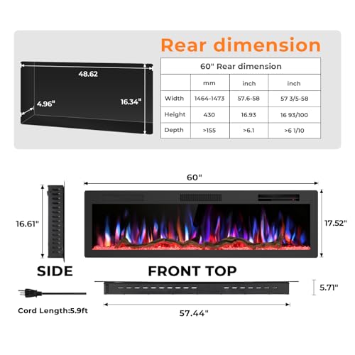 R.W.FLAME 60" Recessed and Wall Mounted Smart Electric Fireplace, Alexa/WiFi Enabled, APP Control with Multiple Sound Modes, Remote Control with Timer, Adjustable Flame Colors and Speed R.W.FLAME
