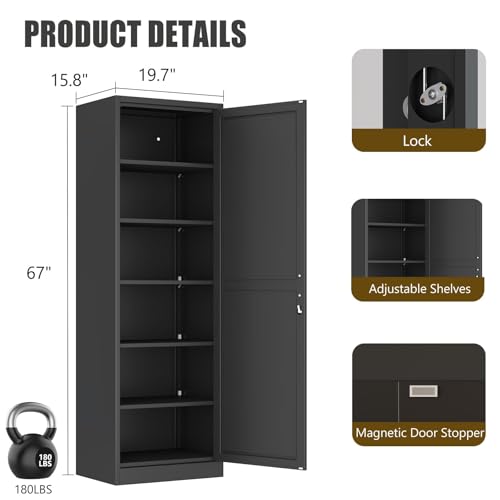 risuoge Metal Locker Cabinet, 19.7’’W Narrow Lockable Single Bathroom Storage Cabinet, File Cabinet with Lock and Adjustable Shelves for Living Room, Home Office, Kitchen, Black risuoge