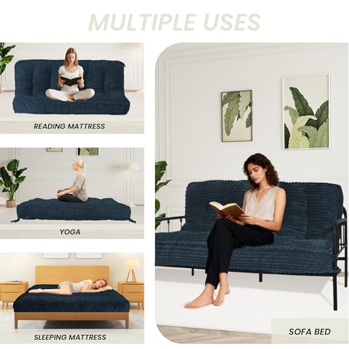 KOZIDO 8 Inches Futon Mattress Queen Size, Extra Thick Futons Sofa Couch Bed with Strap Design, Japanese Floor Mattress for Adults, Folding Mattres Shredded Foam Filling (Frame Not Included), Blue KOZIDO