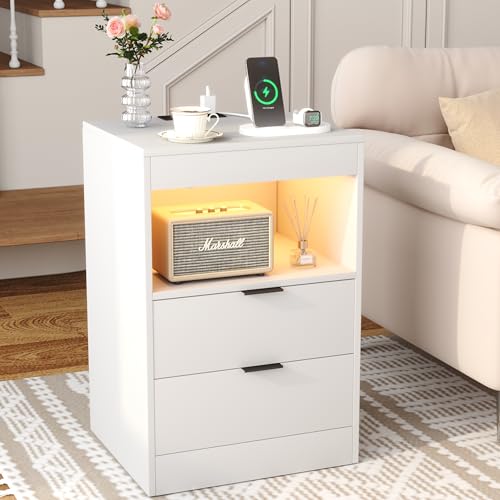 Yusong Night Stand with Gun Drawer & Invisible Lock, Bedside Table, LED Nightstand with Charging Station, Modern Night Stand, Wood Sofa Couch End Side Table with 2 Pull-Out Shelf, White Yusong