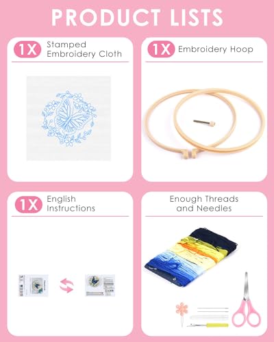 TINDTOP Embroidery Kit for Beginners Adult, Butterfly Embroidery Kit for Beginners Include Embroidery Cloth Hoops Threads for Craft Lover Hand Stitch with Embroidery Skill Techniques TINDTOP