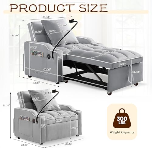 KINFFICT Sleeper Sofa Chair Bed, Convertible 3-in-1 Armchair, Adjustable Sleeper Chair with Pullout Bed, Single Lounger Futon with Side Pockets for Living Room (Grey) KINFFICT