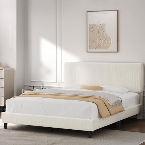 Yaheetech Full Size Bed Frame with Adjustable Headboard, Chenille Fabric Upholstered Headboard/Platform Bed, Full Bed Frame No Box Spring Needed/Wood Slats Support/Easy Assembly/Beige Yaheetech