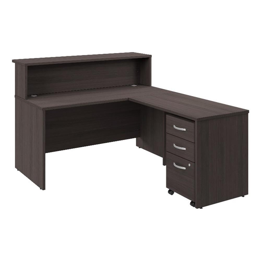Bush Business Furniture Arrive 60W x 72D L Shaped Reception Desk with Shelf and Mobile File Cabinet in Storm Gray Bush Furniture
