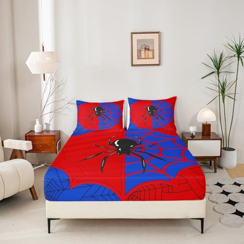 Spider Web Kids Sheet King Size,Black Spider Arachnid Insect Animals Bedding Set,Boys Girls Women Men Room Decor,Halloween GothicRed Blue Unique Bed Sheet Set 4pcs(Fitted + Flat + 2 Pillowcases) Manfei