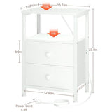 LOAKEKEL White Nightstand with Charging Station, End Table with 2 Fabric Drawers, Night Stand for Bedroom, Small Bed Side Table with USB Ports and Outlets for Living Room, HETS020WT-1 LOAKEKEL
