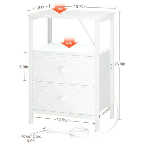 LOAKEKEL White Nightstand with Charging Station, End Table with 2 Fabric Drawers, Night Stand for Bedroom, Small Bed Side Table with USB Ports and Outlets for Living Room, HETS020WT-1 LOAKEKEL