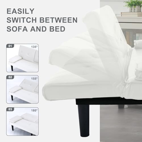 AnoYishev Futon Sofa Bed PU Leather Modern Convertible Futon Couch with Removable Armrests, Cup Holders, Loveseat Sleeper Sofa Bed for Living Room, Apartment, Small Spaces (White) AnoYishev