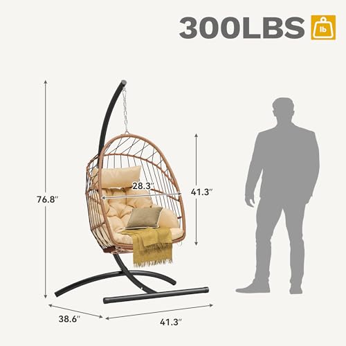 DWVO Egg Chair with Stand, Hanging Outdoor Rattan Wicker Patio Hammock Indoor Egg Chair with Cushion, Hanging Swing Chair 300lbs for Porch, Garden, Bedroom, Balcony, Beige DWVO