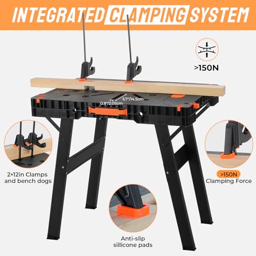 TLGREEN Folding Work Table,2 Pack,Express Portable Workbench Set of 2, Lightweight Workbench with Clamps Dogs, Clamps,Power Strip,for Garage,Table Saw,Home,Workshop,330lbs Load Capacity TLGREEN