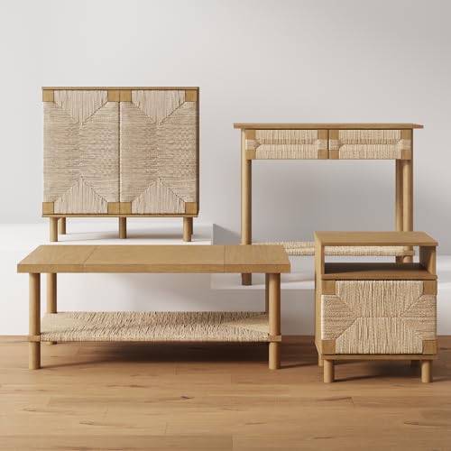 Nathan James Beacon Wooden Sofa Console Table with Drawers, Bohemian Entryway Table, Hallway Table with Seagrass Shelf, Light Brown Nathan James